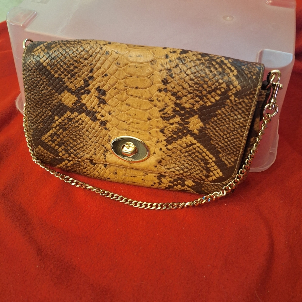 Coach Tan and Brown Snake Print Clutch